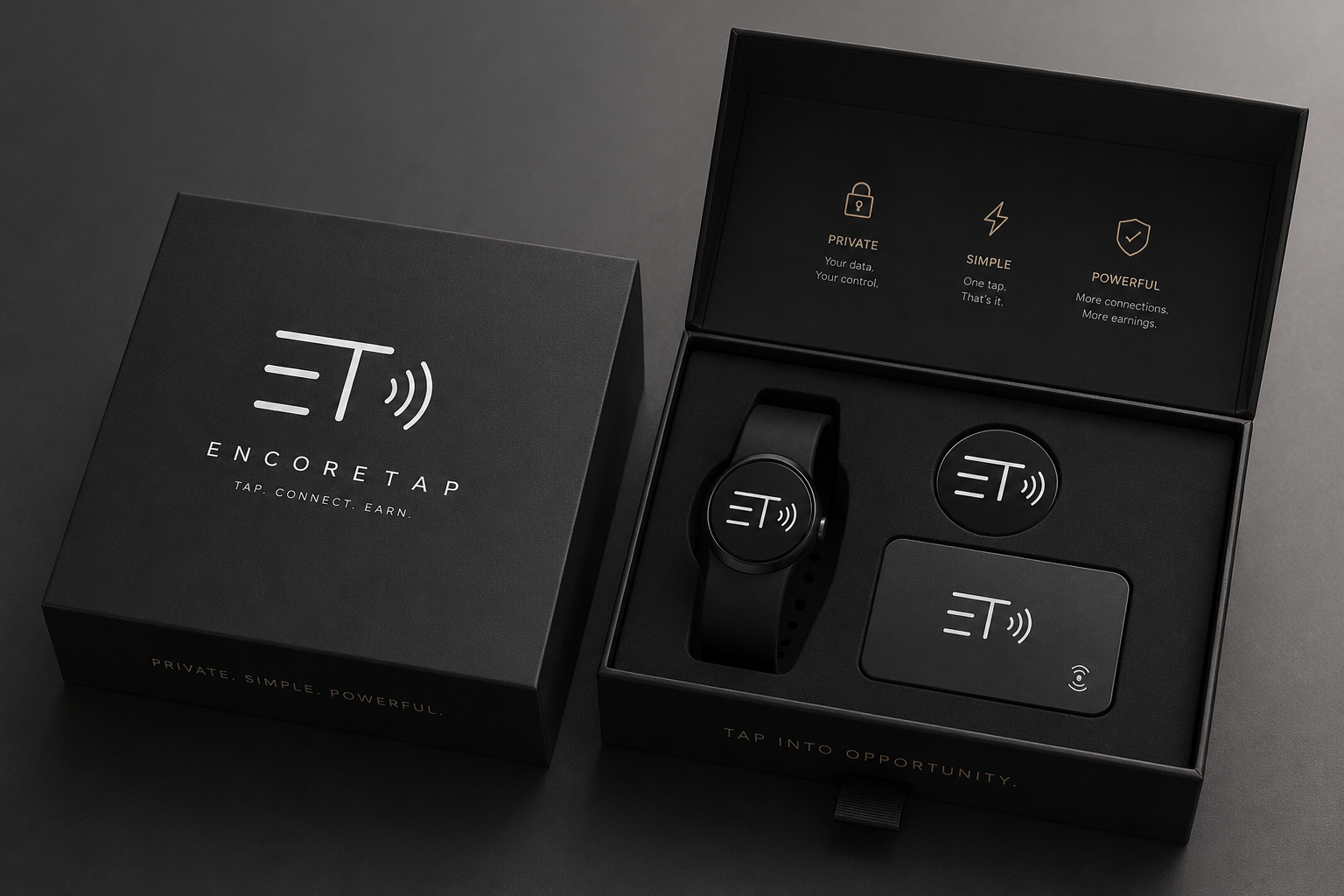 EncoreTap product kit: band, tag, and card in black packaging